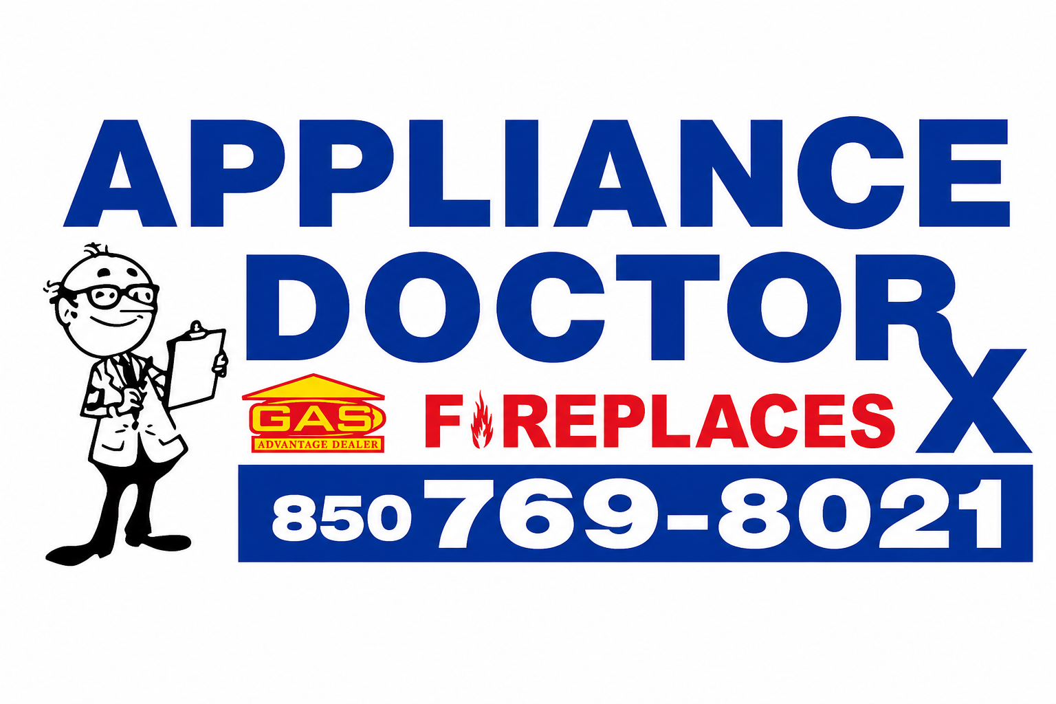 Appliance Doctor logo with gas fireplaces and phone number